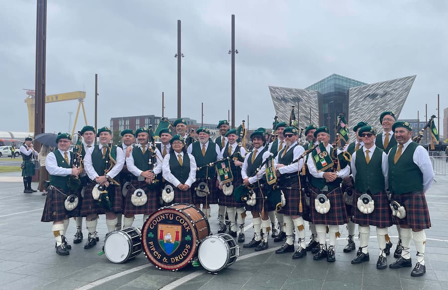 County Cork Pipe and Drums at the 2026 Belfast Fleadh Cheoil